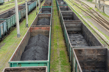 Above view on freight train wagons with coal