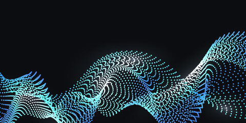 Glowing wave swirl, dot pparticles synergy effect. Nano technology and big data science, ceber space and cosmic universe. Tech futuristic wave, abstract background. Vector illustration - obrazy, fototapety, plakaty