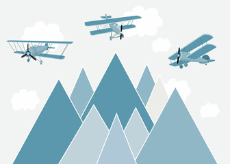 Vector color children hand drawn mountain, aircraft, plane and stars illustration in scandinavian style. Mountain landscape. Children's wallpaper. Mountainscape, children's room design, wall decor. © ZHUKO
