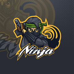 Ninja with a green bandana attacker esport or team logo. © slava