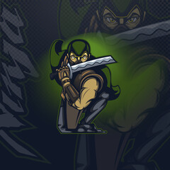 Mascot logo Ninja in an attacking pose on a dark background.