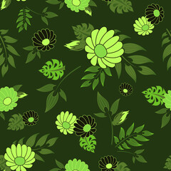 Green Daisy Flowers Seamless Pattern Background