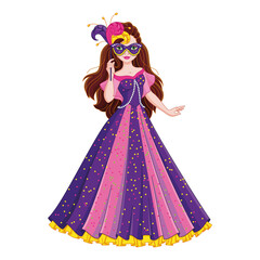 Girl in fancy dress, princess in masquerade mask, vector cartoon illustration