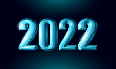 2022 New Year 3D metal ice texture. Glowing shape blue dark neon number illustration. Celebration decoration steel silver chrome poster greeting card vector