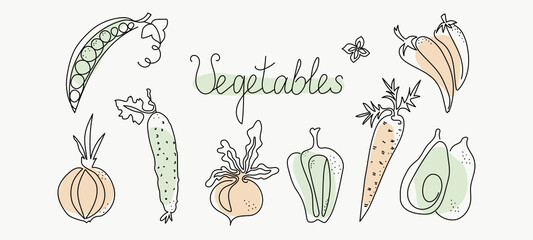 Set of vegetables in the style of line art. One line drawing. Vector graphics. Isolated background.	