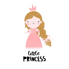 Vector hand-drawn colored childrens illustration with cute girl princess in a pink dress with a crown on a white background. Creative scandinavian kids print with lettering. Little princess.