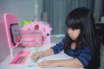 Asian little girl learn online at home,In the era of the Covid-19 epidemic, it is not possible to go to school normally.