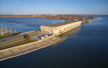 Fototapeta na wymiar Aerial view of Novosibirsk hydroelectric power plant station on the Ob River