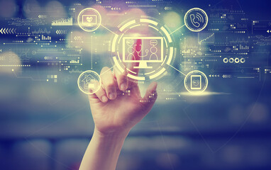 Telehealth theme with a hand pressing a button