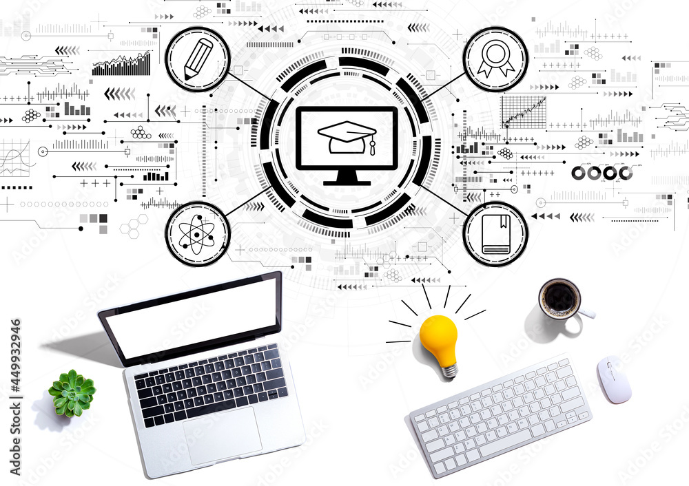 Poster e-learning concept with computers with a light bulb