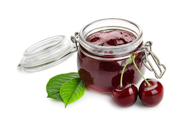 Jar of tasty cherry jam on white background
