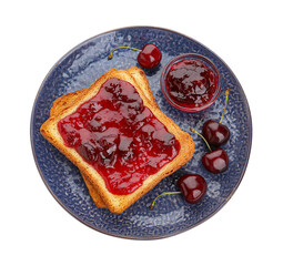 Bowl and toasts with cherry jam on white background
