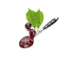 Spoon with tasty cherry jam on white background