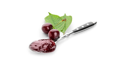 Spoon with tasty cherry jam on white background