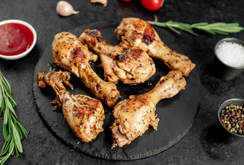 grilled chicken legs with spices on a stone background