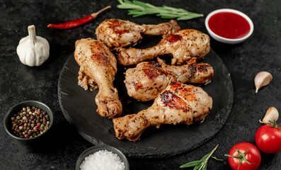grilled chicken legs with spices on a stone background