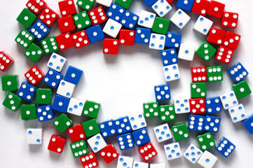 multicolored dice with white spot in middle with copy space