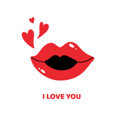 Red lips, female open mouth with red hearts. «I love you» romantic card. Vector cartoon style icon, illustration for St.Valentine’s Day design.
