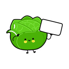 Cute funny white cabbage with poster. Vector hand drawn cartoon kawaii character illustration icon. Isolated on white background. White cabbage think concept