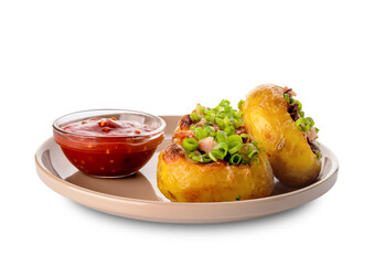 Plate with baked potato and sauce on white background