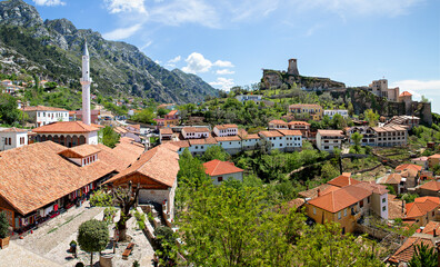 View over the old town of Kruje and its fort, in Albania. - obrazy, fototapety, plakaty