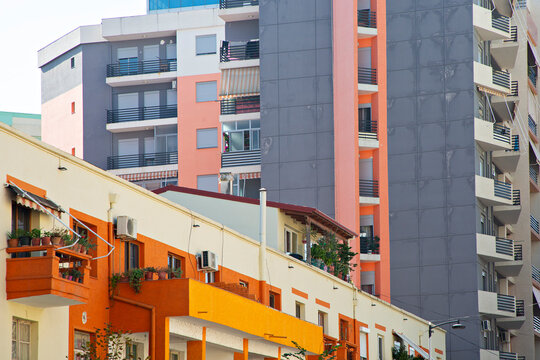 Colorful apartment buildings in the city of Fier in Albania