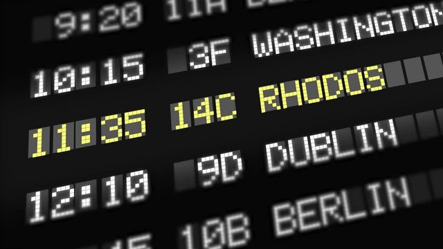 A 2D rendering of a black flight information display with white writing on it turning yellow