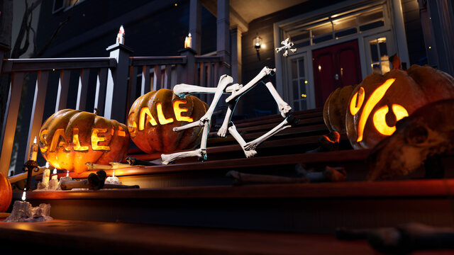 Halloween scary discounts pumpkins on the yard. Holiday spooky pumpkin. Up to 30 per cent. High quality photo