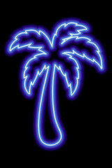 Blue neon outline of palm tree on a black background. Rest, travel, vacation. Icon illustration