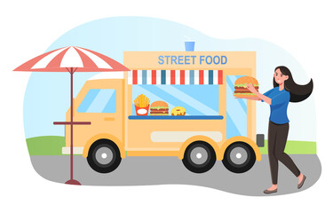 Street food truck, summer cafe sell fast food from van. Small business ready takeaway meal restaurant with summer terrace. Flat cartoon illustration vector concept design isolated on white background