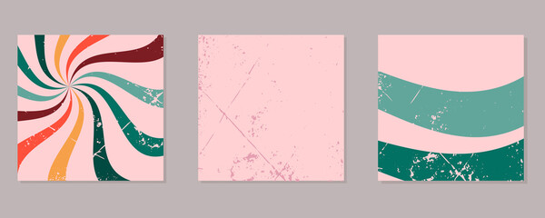 Obraz premium Set of Retro background with curved rays or stripes in the center, background in grunge style, background with lines. Rotating spiral stripes. Green, red and pink colors. Vector illustration