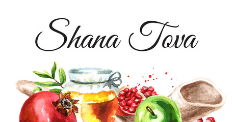 Pomegranate, apple,  honeycomb.  Jewish new year, Rosh Hashanah, Shana Tova card. Hand drawn  watercolor illustration  isolated on white background
