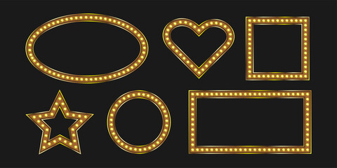 Gold square and oval frames with marquee bulb. Vintage shiny signboard with neon light. Warm led lit. © Mariia