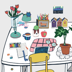 Home interior objects work home place illustrations set