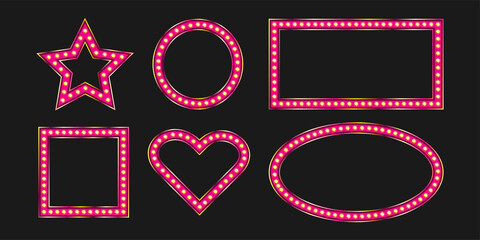 Square and oval pink frames with marquee bulb. Vintage shiny signboard with bright neon light. Warm led lit. © Mariia