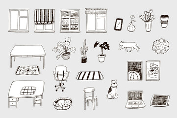 Home interior objects work home place illustrations vector set