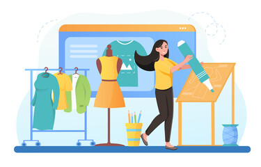 Young pretty woman creating, constructing and sewing fashion collection, drawing dress sketches, cutting fabric, taking measures. Flat cartoon vector concept design isolated on white background