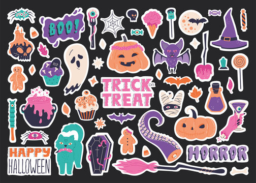 Halloween sticker set elements, hand drawn scary illustration. Cute badge collection with pumpkin, bat skull candlestick, broom and cat. Traditional spooky holiday symbols. Vector template, background