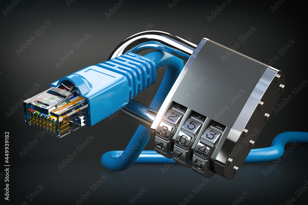 Aufkleber network ethernet cable locked with code lock. internet security, vpn and data protection concept.