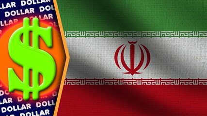 Iran Realistic Wavy Flag, Dollar Logo and Titles, Circle Neon Effect Fabric Texture 3D Illustration
