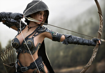 Fototapeta premium Portrait of a fantasy female Ranger archer aiming at her target from a distance wearing leather armor , hooded cloak and equipped with a bow. 3d rendering 