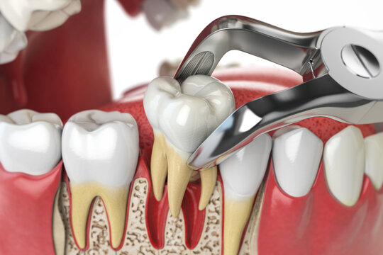 Tooth extraction by dental forceps on model of human jaw. 3d illustration