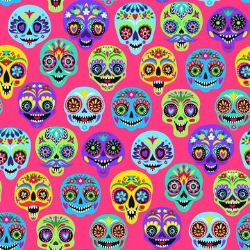Seamless pattern with sugar skulls for holiday home decoration. Day of the dead