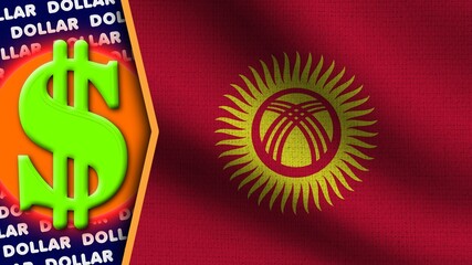 Kyrgyzstan Realistic Wavy Flag, Dollar Logo and Titles, Circle Neon Effect Fabric Texture 3D Illustration