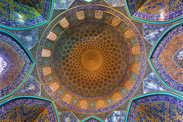 Dome of Sheikh Loftollah Mosque covered with glazed tiles in Isfahan, Iran