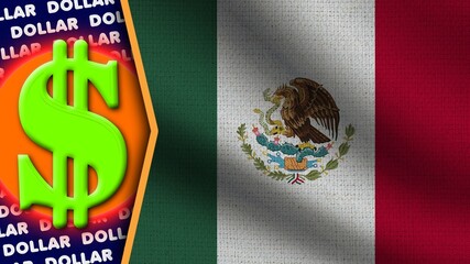 Mexico Realistic Wavy Flag, Dollar Logo and Titles, Circle Neon Effect Fabric Texture 3D Illustration