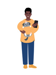 Young modern african man with pet dog and mobile phone.