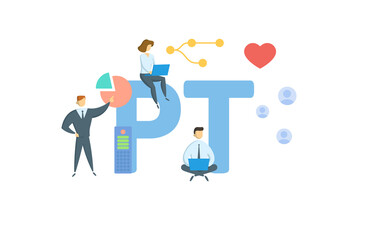 PT, Physical Therapy. Concept with keyword, people and icons. Flat vector illustration. Isolated on white.