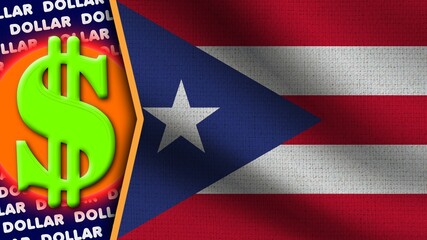 Puerto Rico Realistic Wavy Flag, Dollar Logo and Titles, Circle Neon Effect Fabric Texture 3D Illustration
