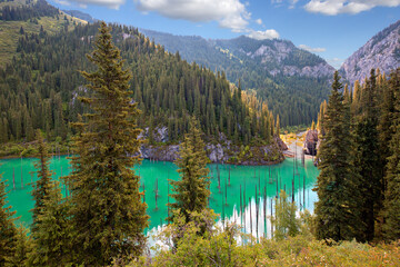 Kaindy Lake in Kazakhstan known also as Birch Tree Lake or Underwater forest, with tree trunks coming out of the water.